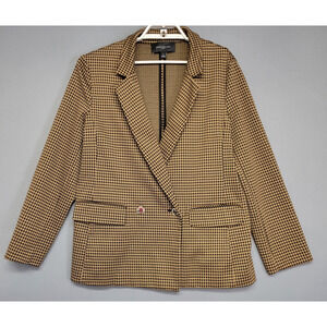 Ann Taylor Blazer Womens 14 Brown Black Houndstooth Check Double Button